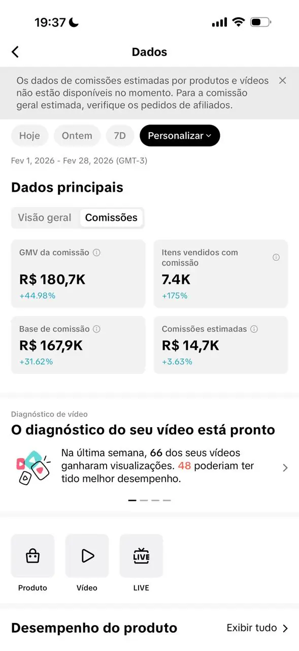 Print do painel de comissões da Fernanda