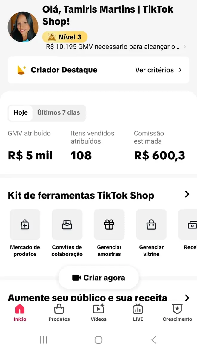 Print de comissão da Tamiris